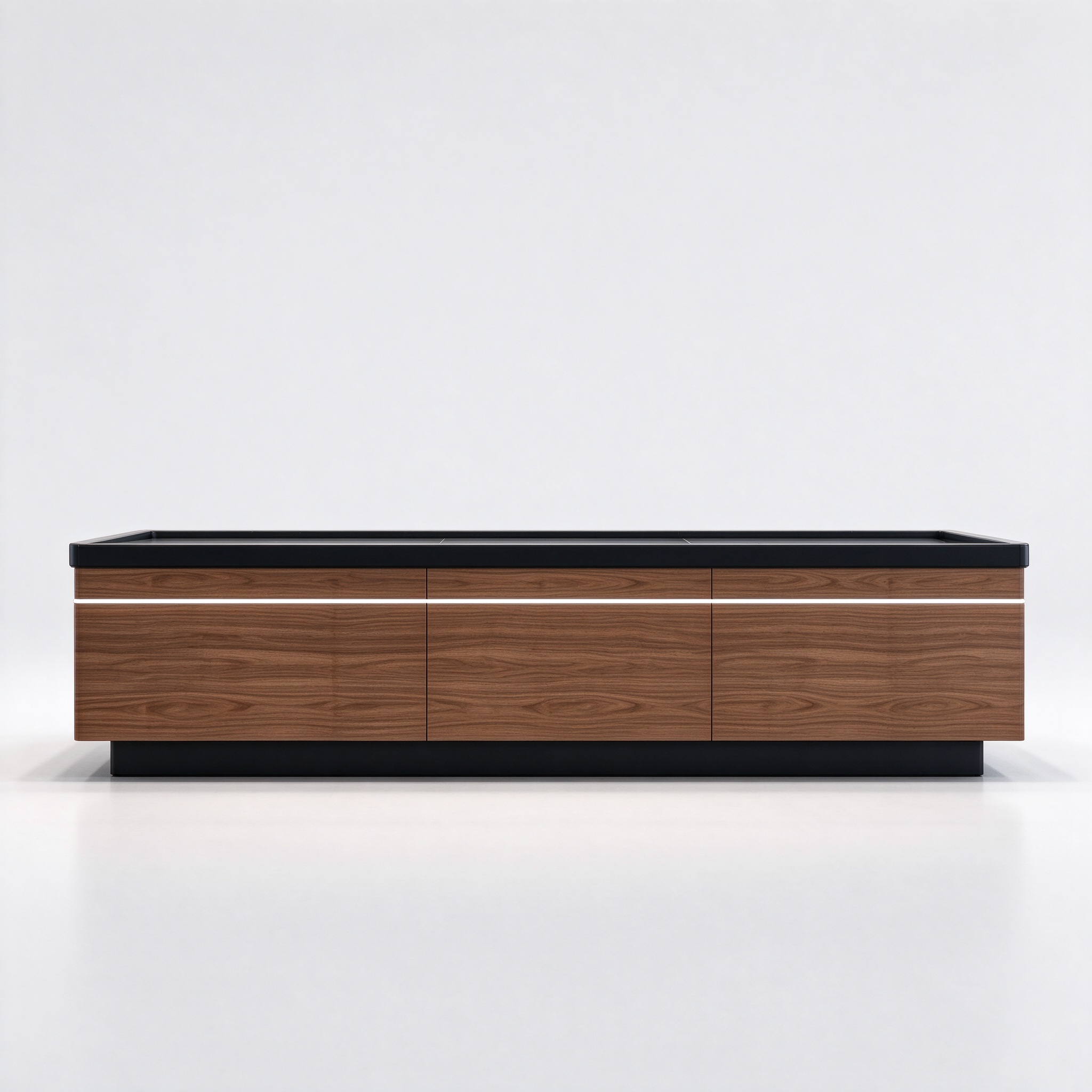 Supermarket checkout with walnut body and LED strip, 3/4 view