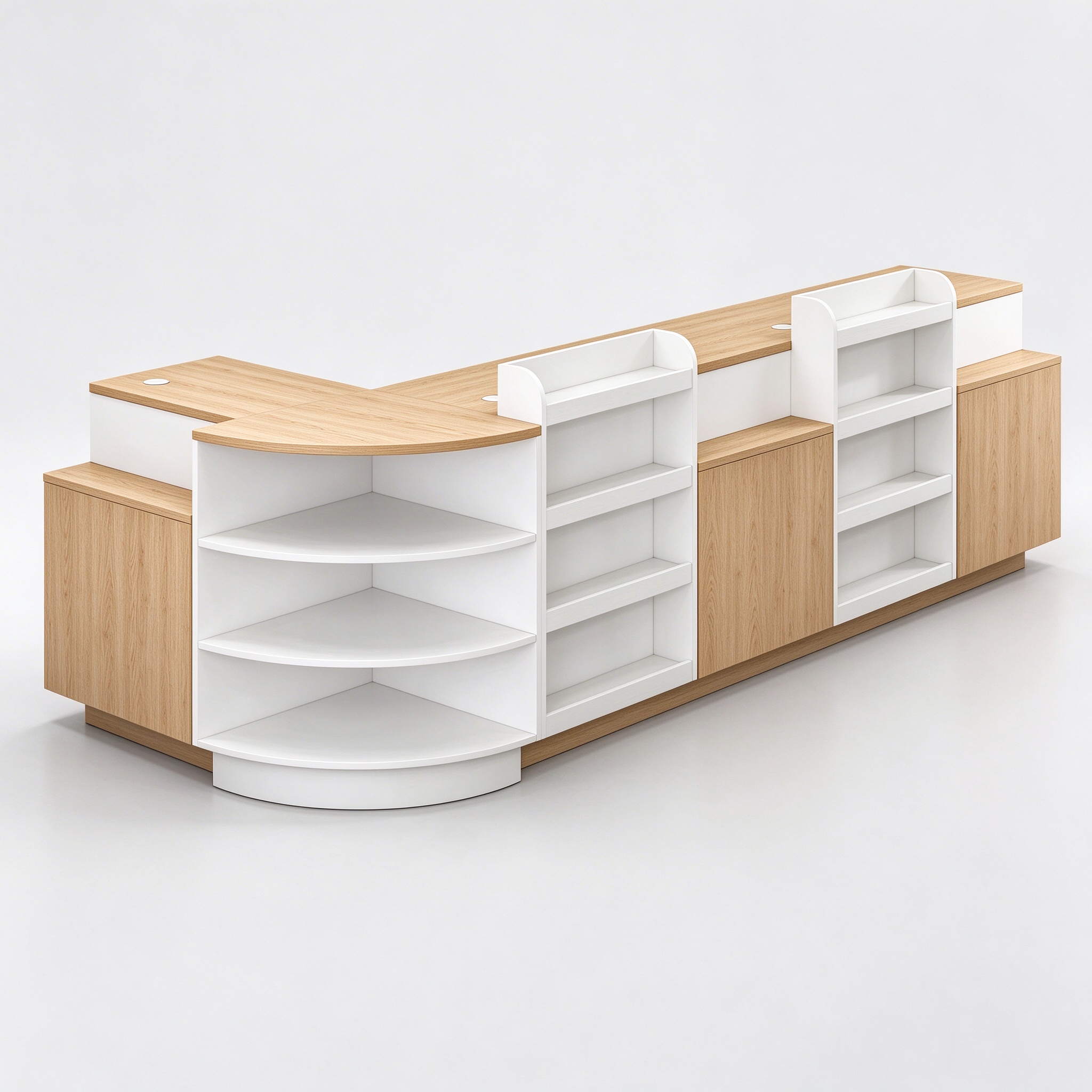 Oak and white L-shaped checkout counter with curved corner, 3/4 view