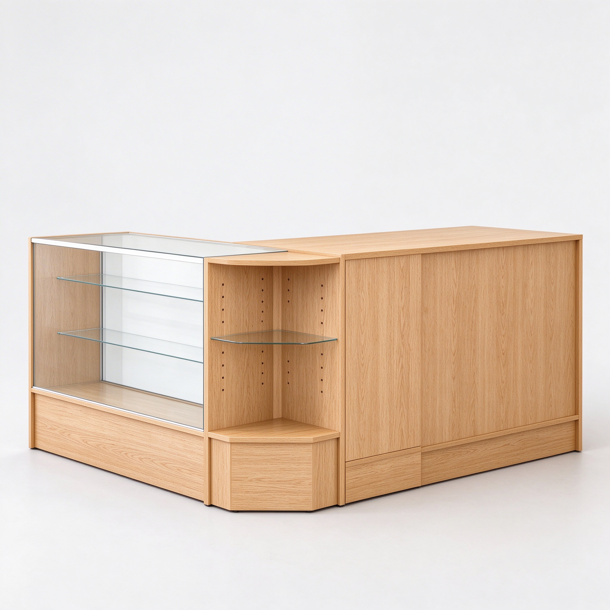 Oak L-shaped cash wrap with glass display, 3/4 view