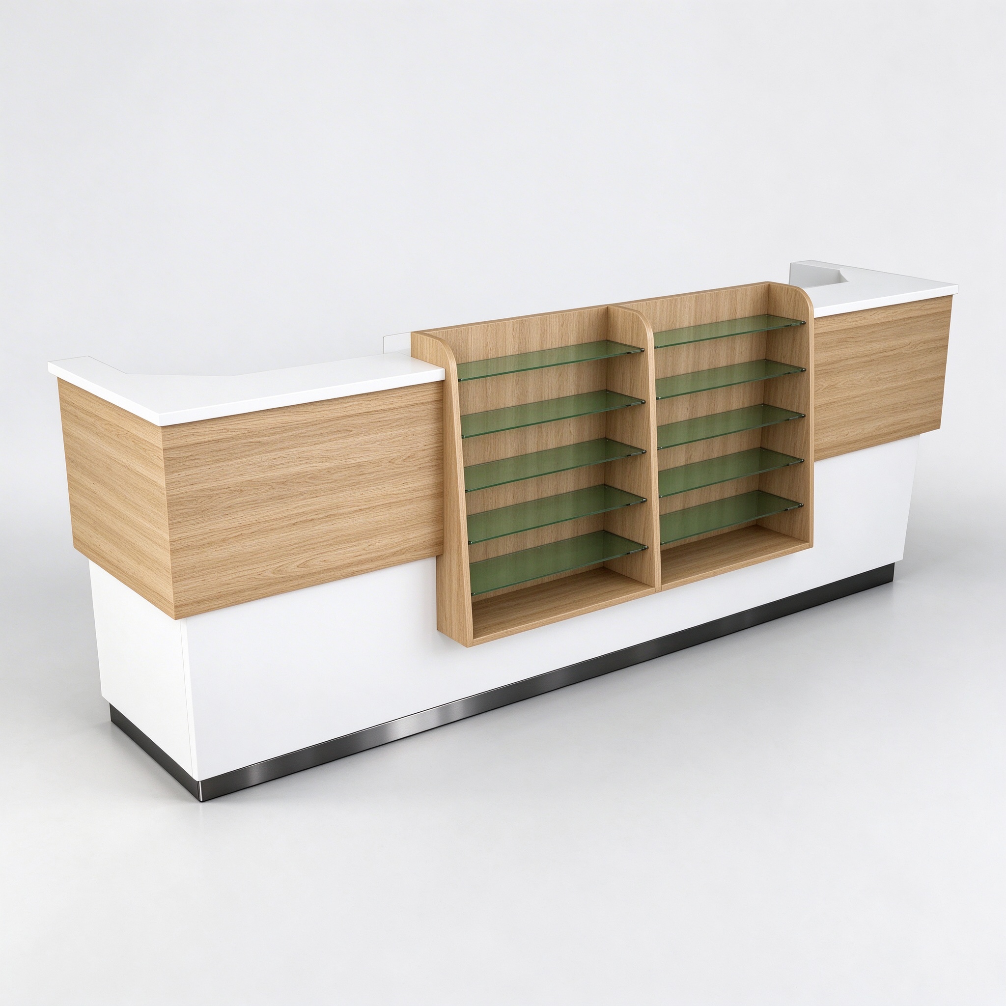 Oak and white reception counter with slanted shelves, 3/4 view