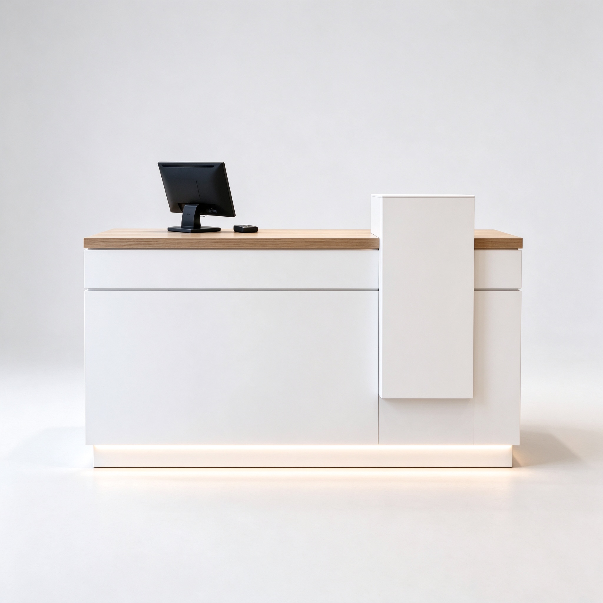 White optical checkout with wood top and LED toe kick, 3/4 view
