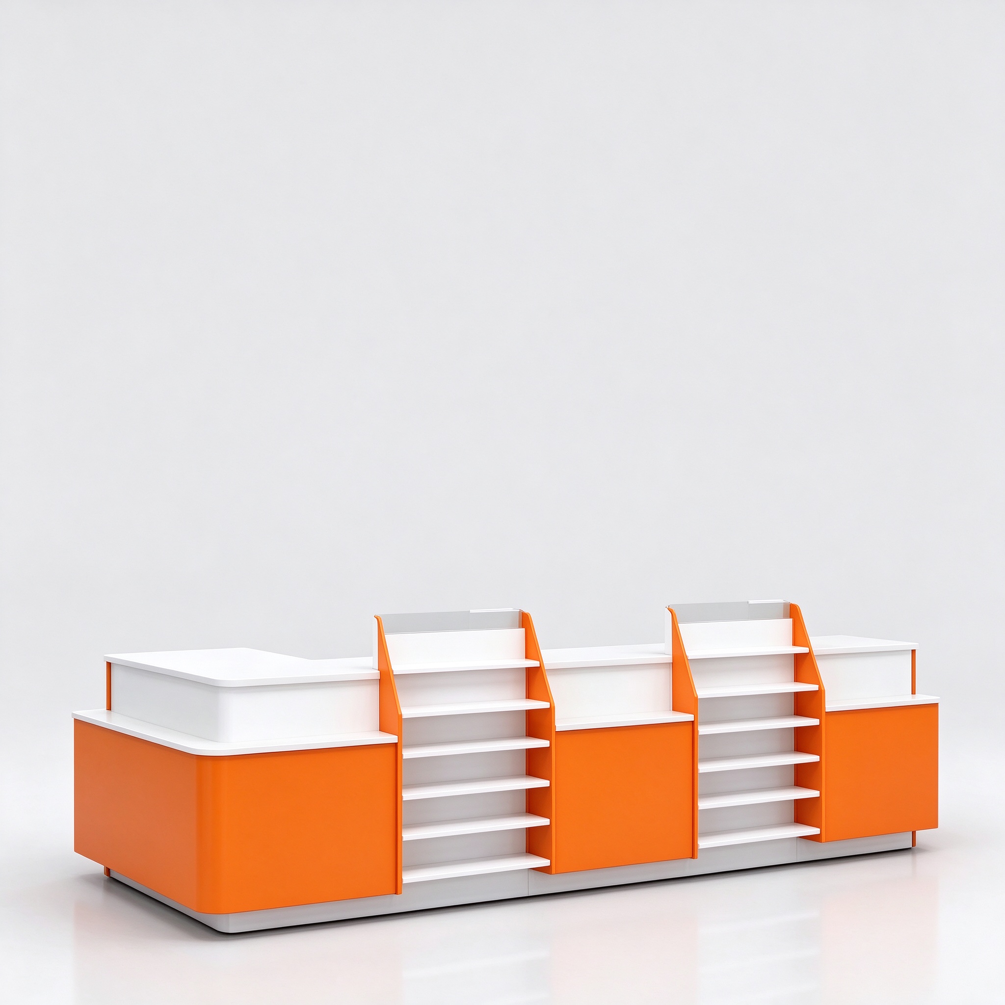 Orange and white retail checkout counter with impulse shelves, left 45 degree view