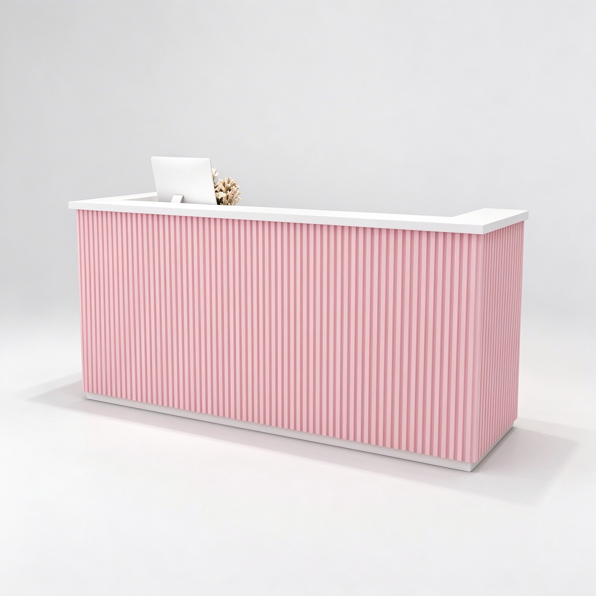 Pink fluted reception desk with white top, left 45 degree view