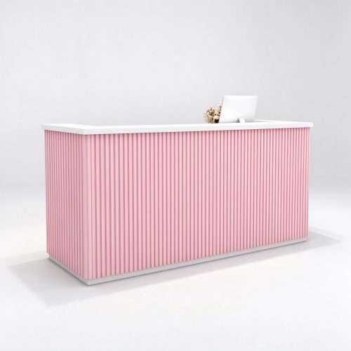 Pink fluted reception desk with white top, right 45 degree view
