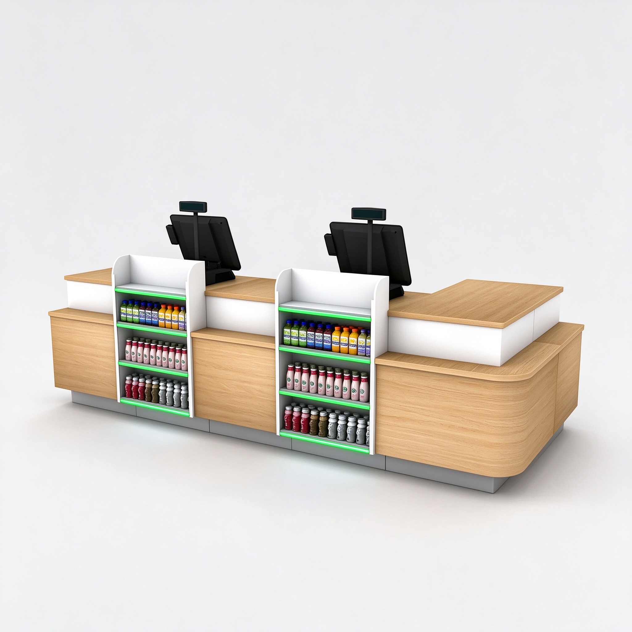 Light wood convenience store checkout with dual POS, 3/4 view