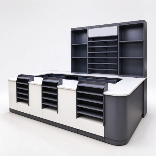 Commercial supermarket checkout counter with back shelving, no canopy, left 45 degree view
