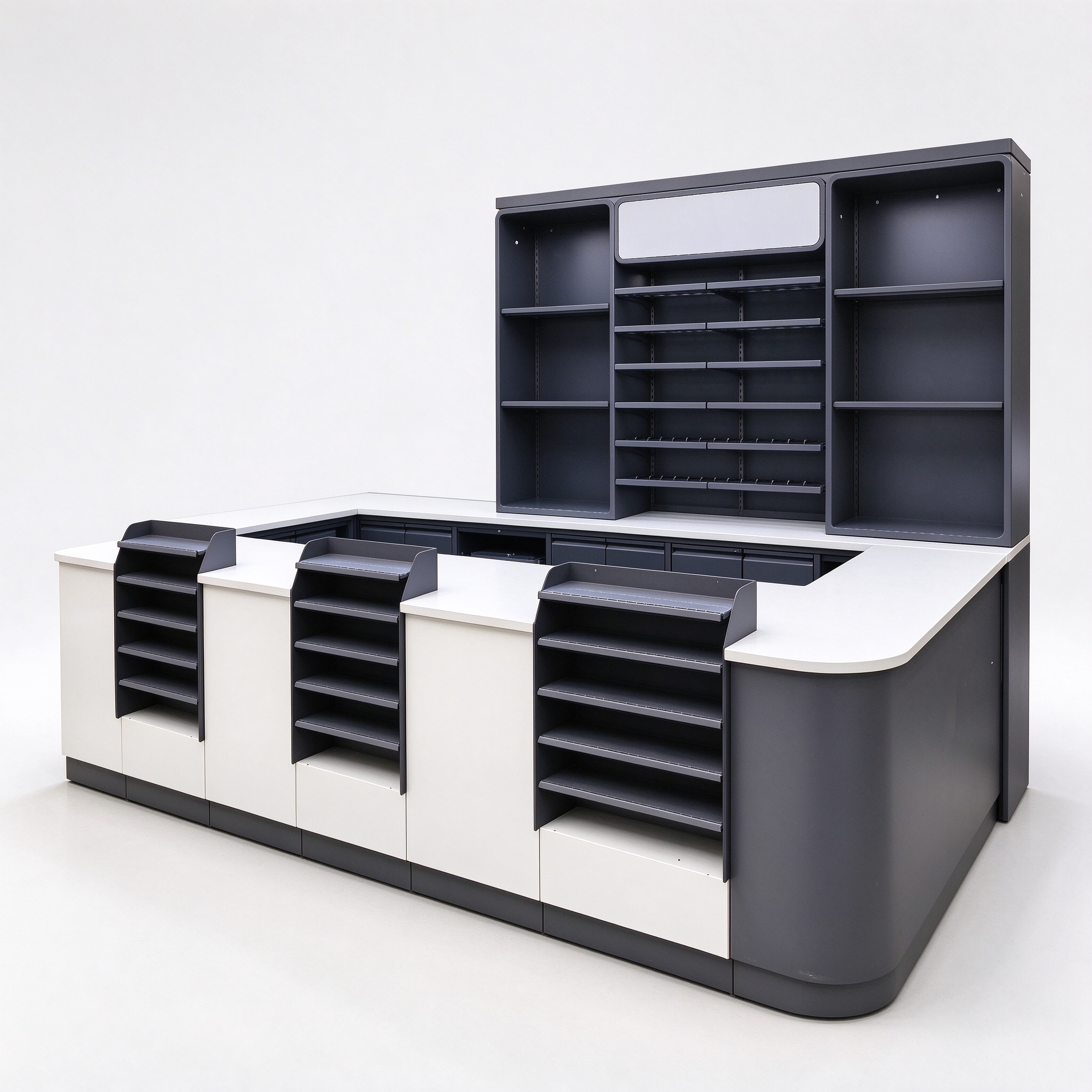 Commercial supermarket checkout counter with back shelving, no canopy, left 45 degree view