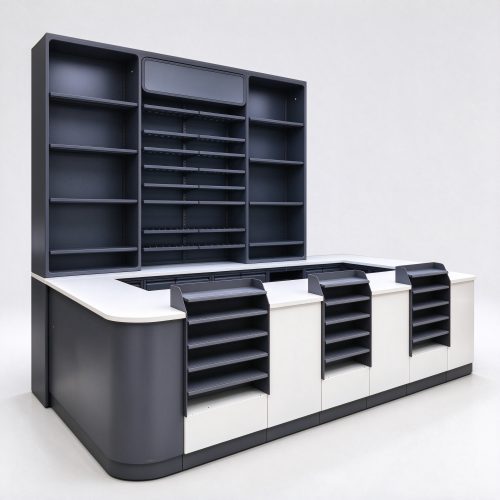 Commercial supermarket checkout counter with back shelving, no canopy, right 45 degree view