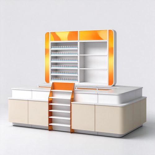 Tobacco display checkout counter with orange lightbox, 3/4 view