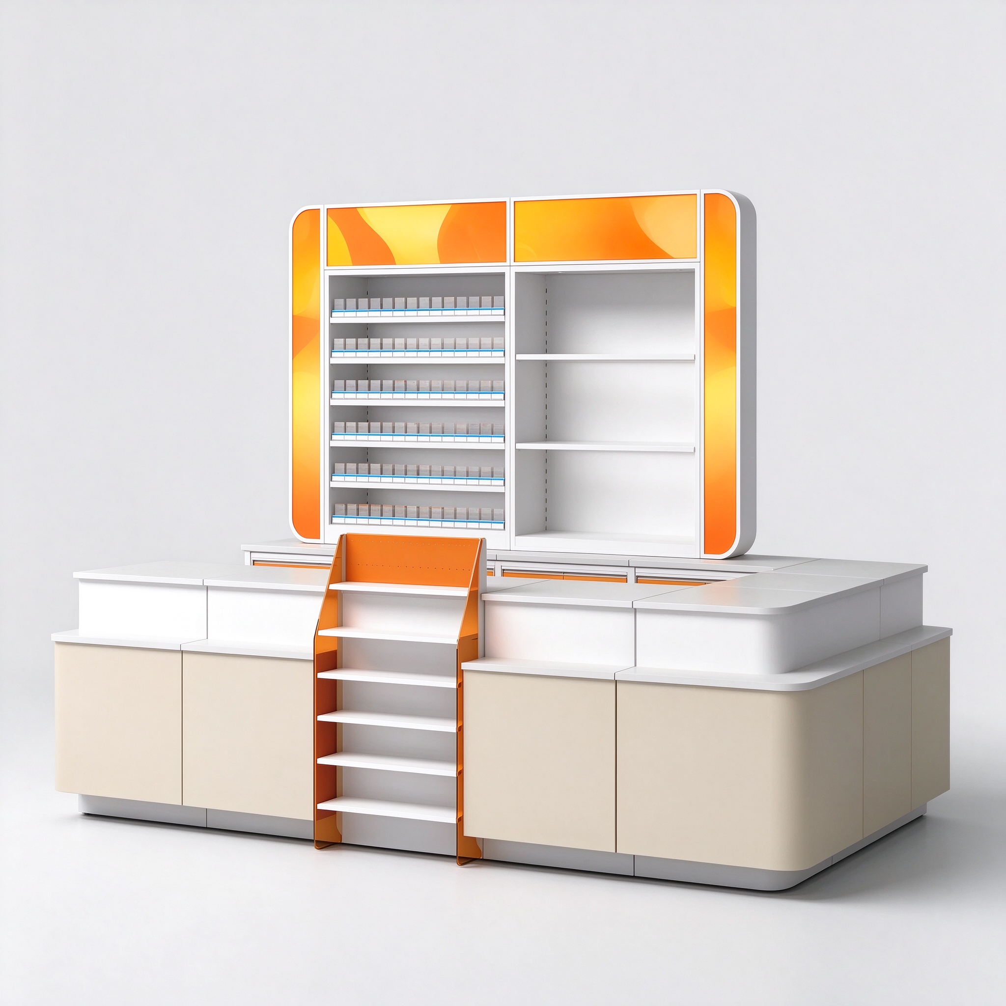 Tobacco display checkout counter with orange lightbox, 3/4 view