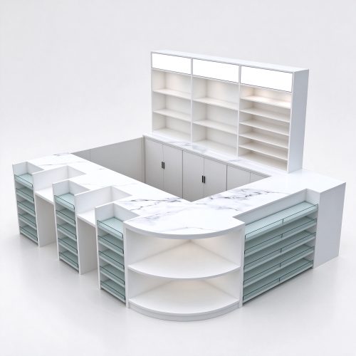 White U-shaped checkout counter viewed from left, back shelving on right