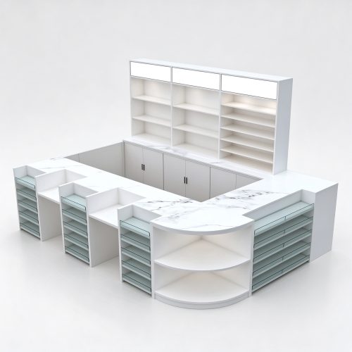 U-shaped white checkout counter with back shelving, 3/4 view
