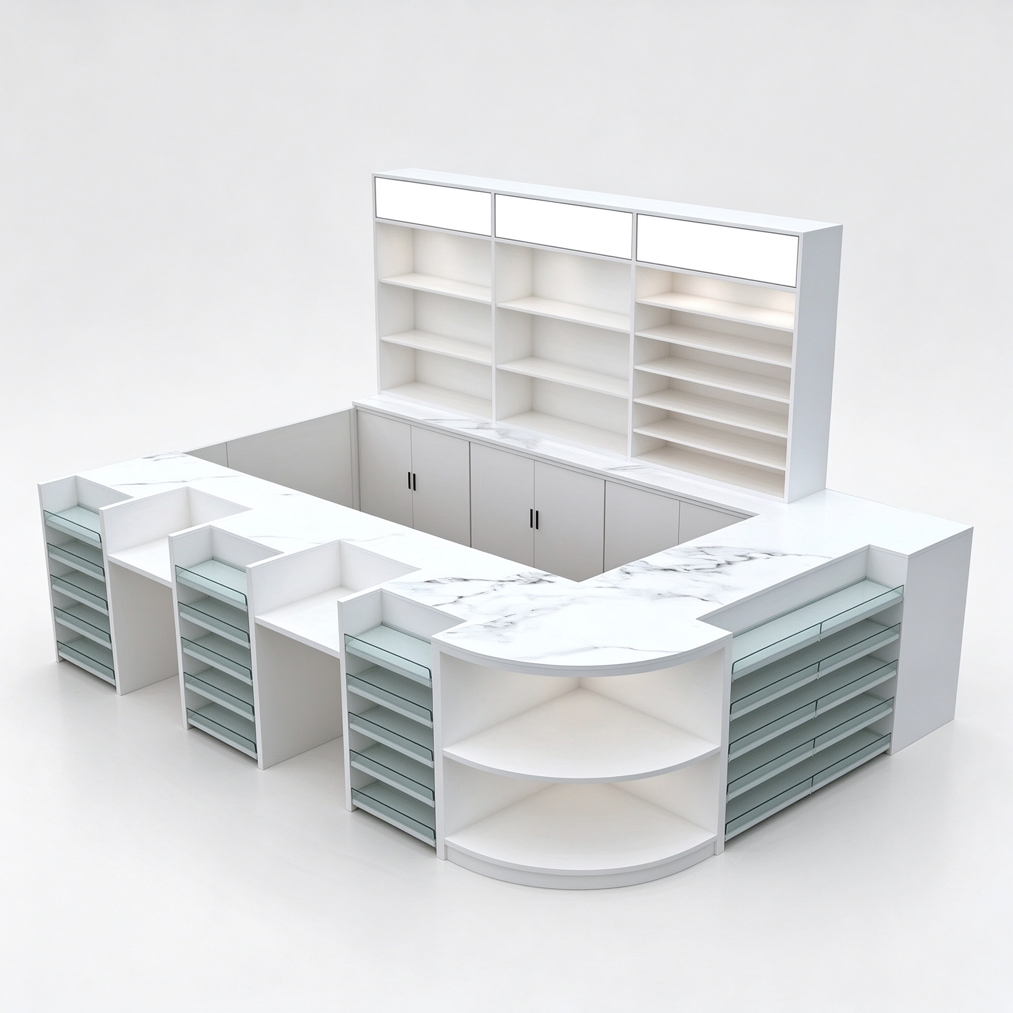 U-shaped white checkout counter with back shelving, 3/4 view
