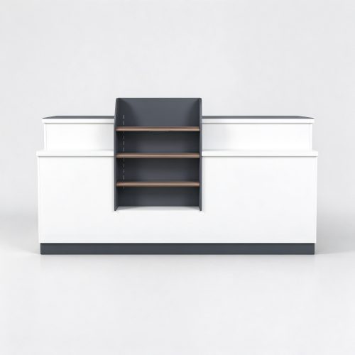 Small white retail sales counter with central display shelf, left 45 degree view