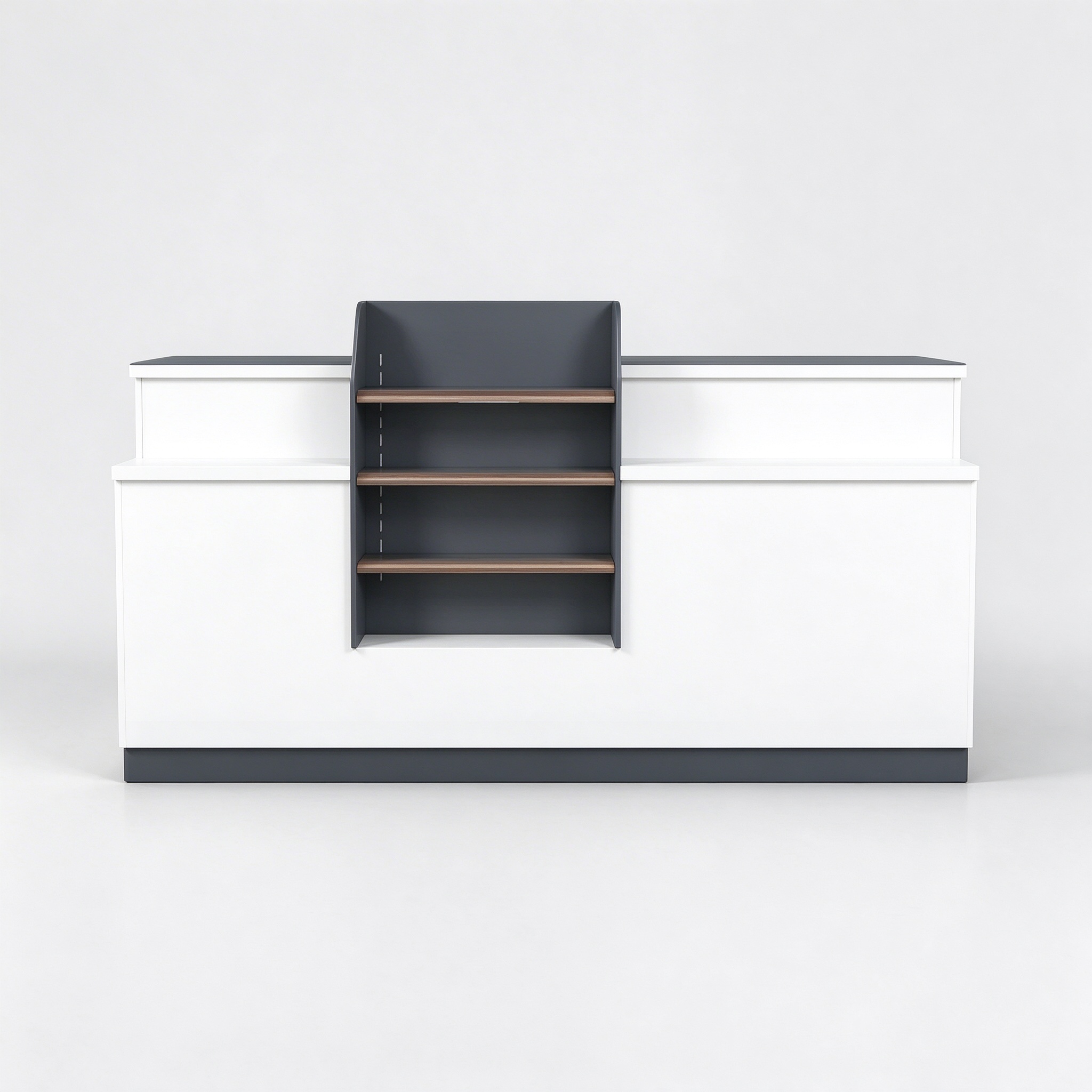 Small white retail sales counter with central display shelf, left 45 degree view