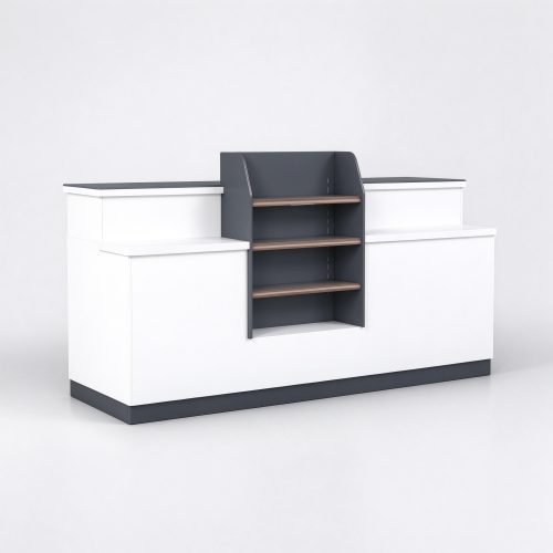 Small white retail sales counter with central display shelf, right 45 degree view