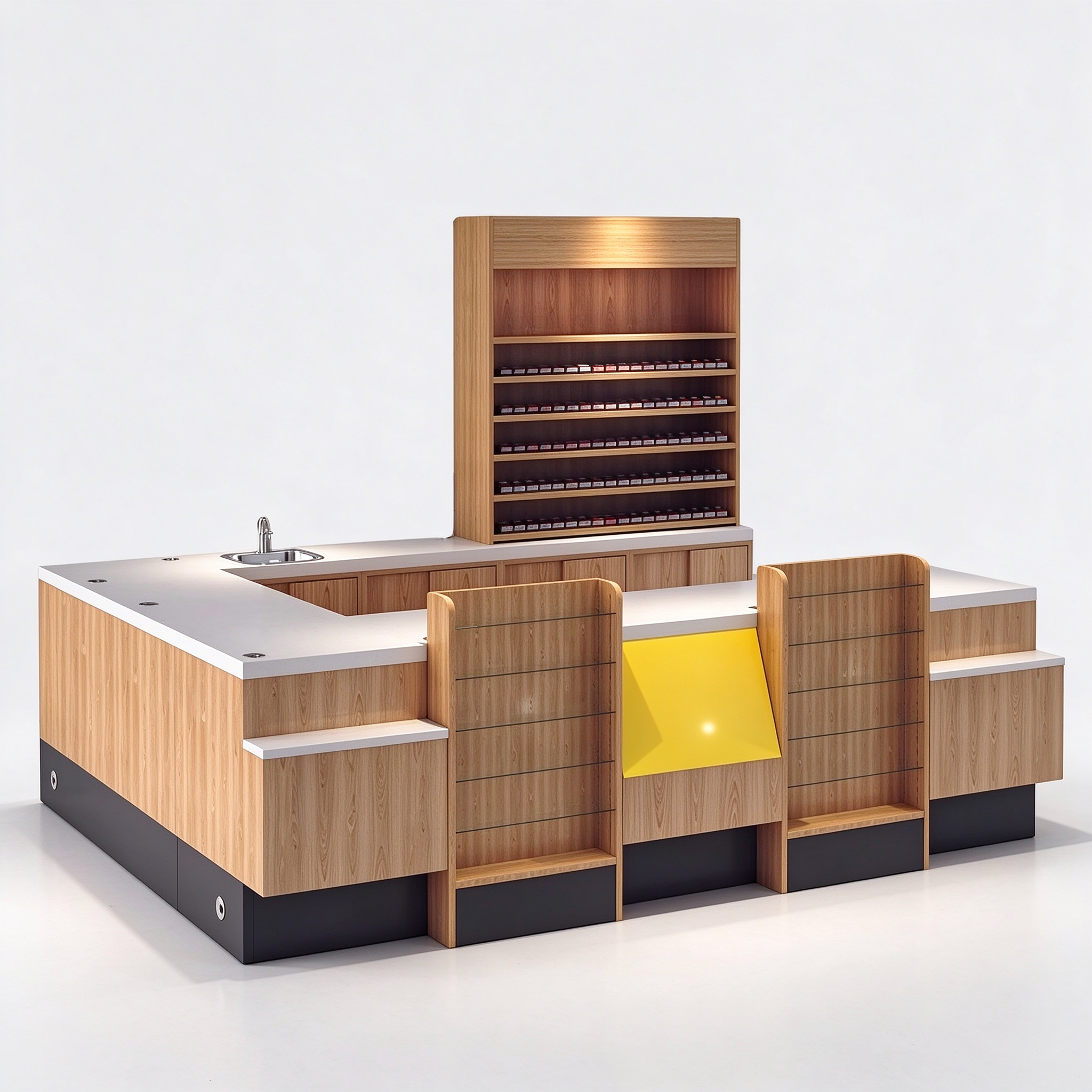 Wood grain c-store checkout with tobacco wall, 3/4 view