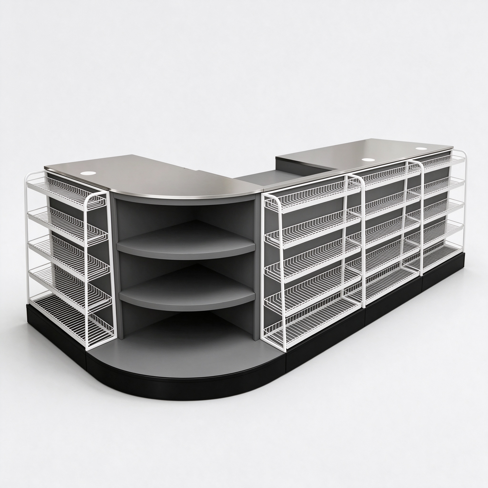 L-shaped checkout with wire rack shelves and black plinth, 3/4 view