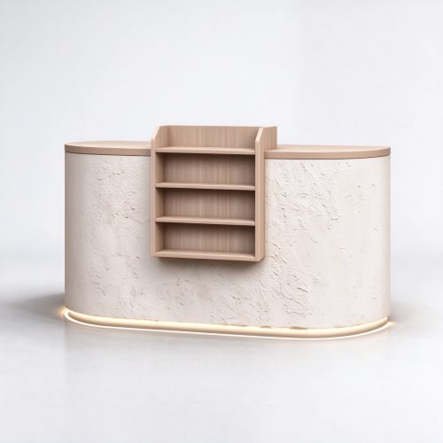 Curved front pet store checkout counter left angle view