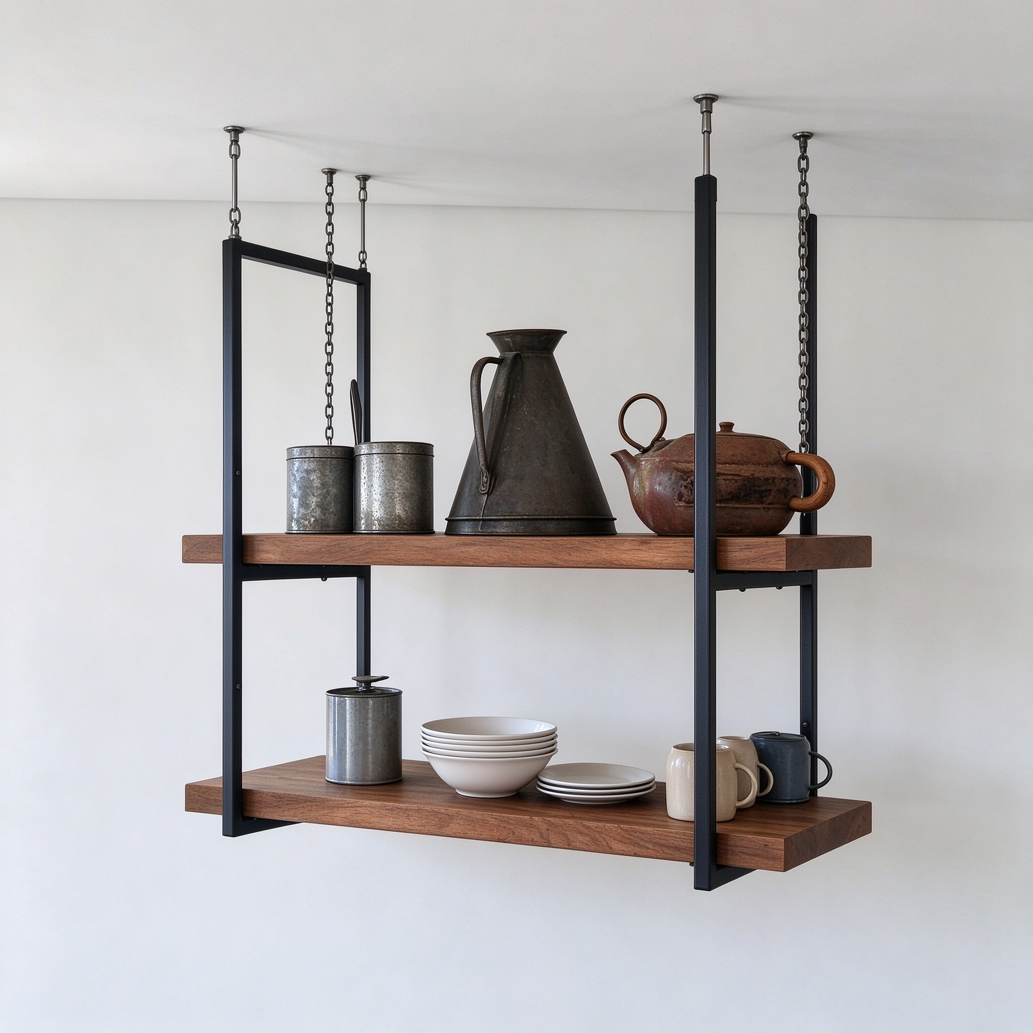 Industrial ceiling-mounted double display shelf hung from ceiling, left 45 degree view