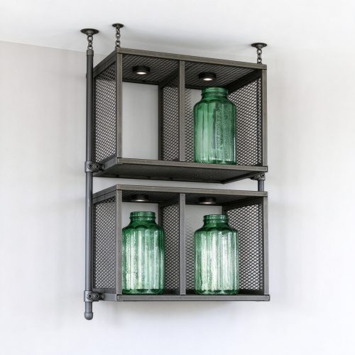 Industrial ceiling-mounted metal mesh display shelf with two grid levels, left 45 degree view