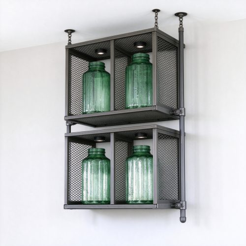 Industrial ceiling-mounted metal mesh display shelf with two grid levels, right 45 degree view