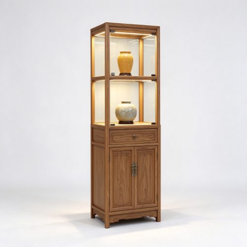 Chinese retro wooden glass display cabinet left 45 degree view