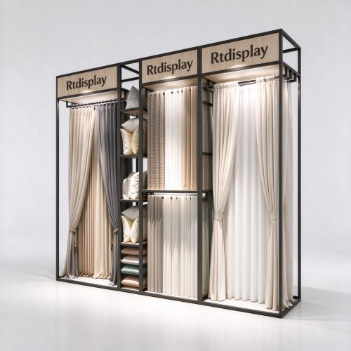 Three-bay curtain display rack with hanging rails and lightbox headers, left 45 degree view