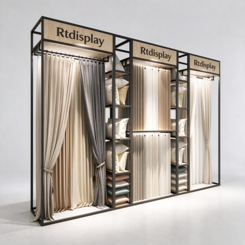 Three-bay curtain display rack with hanging rails and lightbox headers, right 45 degree view