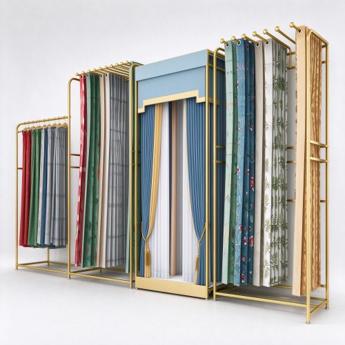 Gold metal curtain display rack with sample rails and window mockup, left 45 degree view