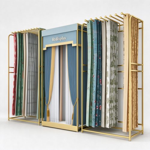 Gold metal curtain display rack with sample rails and window mockup, right 45 degree view