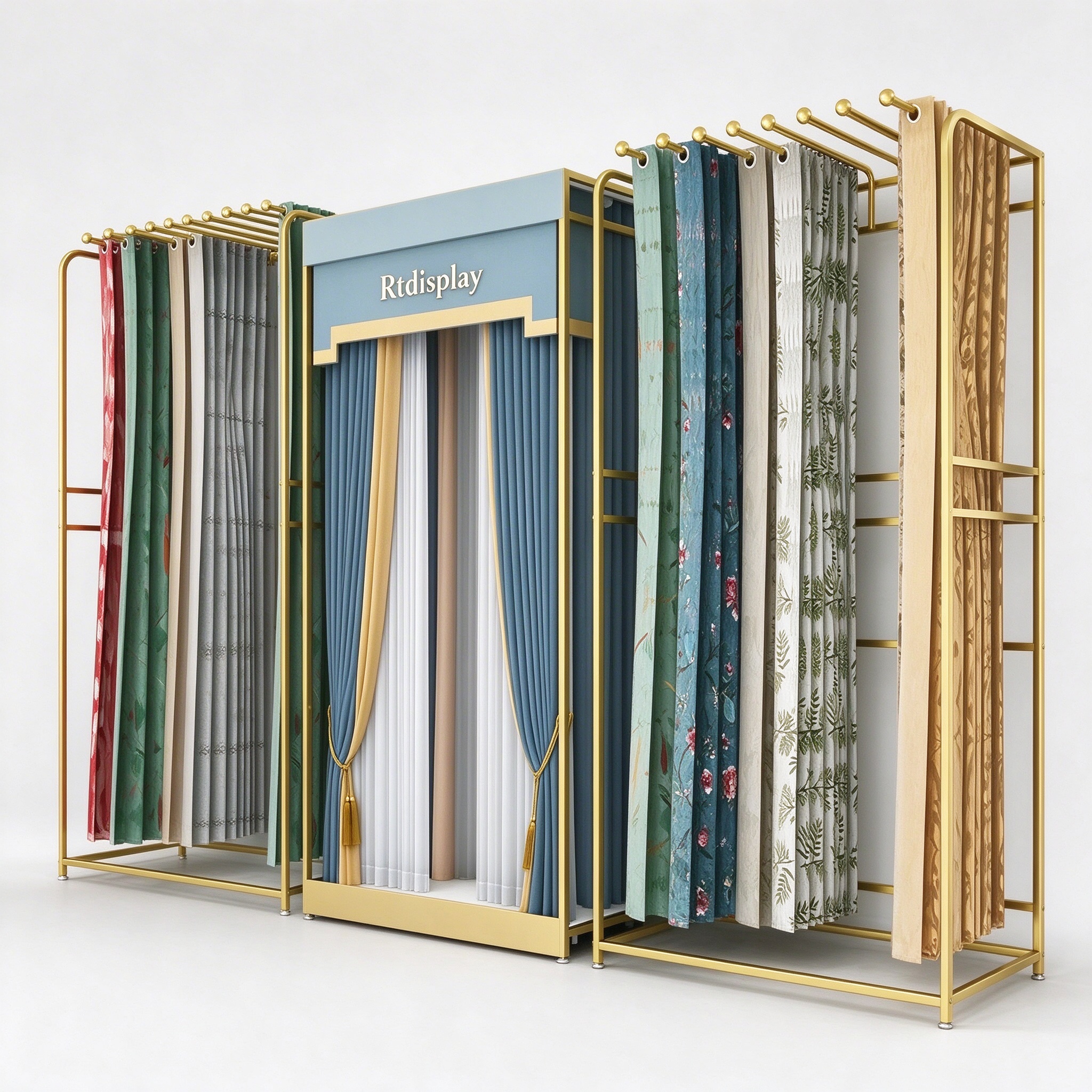 Gold metal curtain display rack with sample rails and window mockup, right 45 degree view