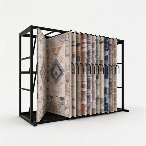 Black steel carpet display rack with pull-out hook rail, left 45 degree view