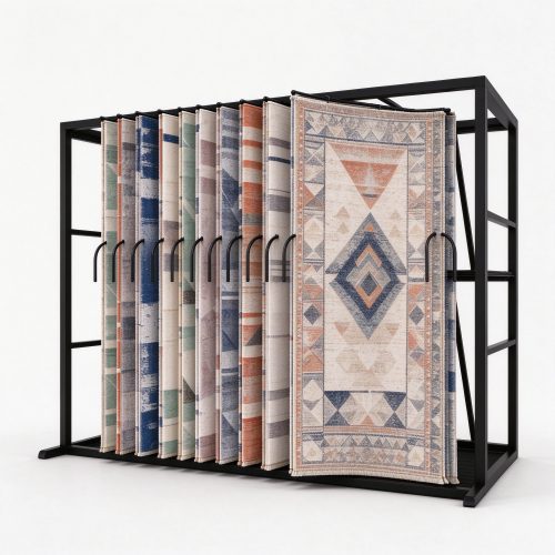 Black steel carpet display rack with pull-out hook rail, right 45 degree view