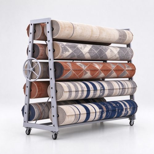 Mobile five-tier carpet roll rack with hand crank wheel, left 45 degree view