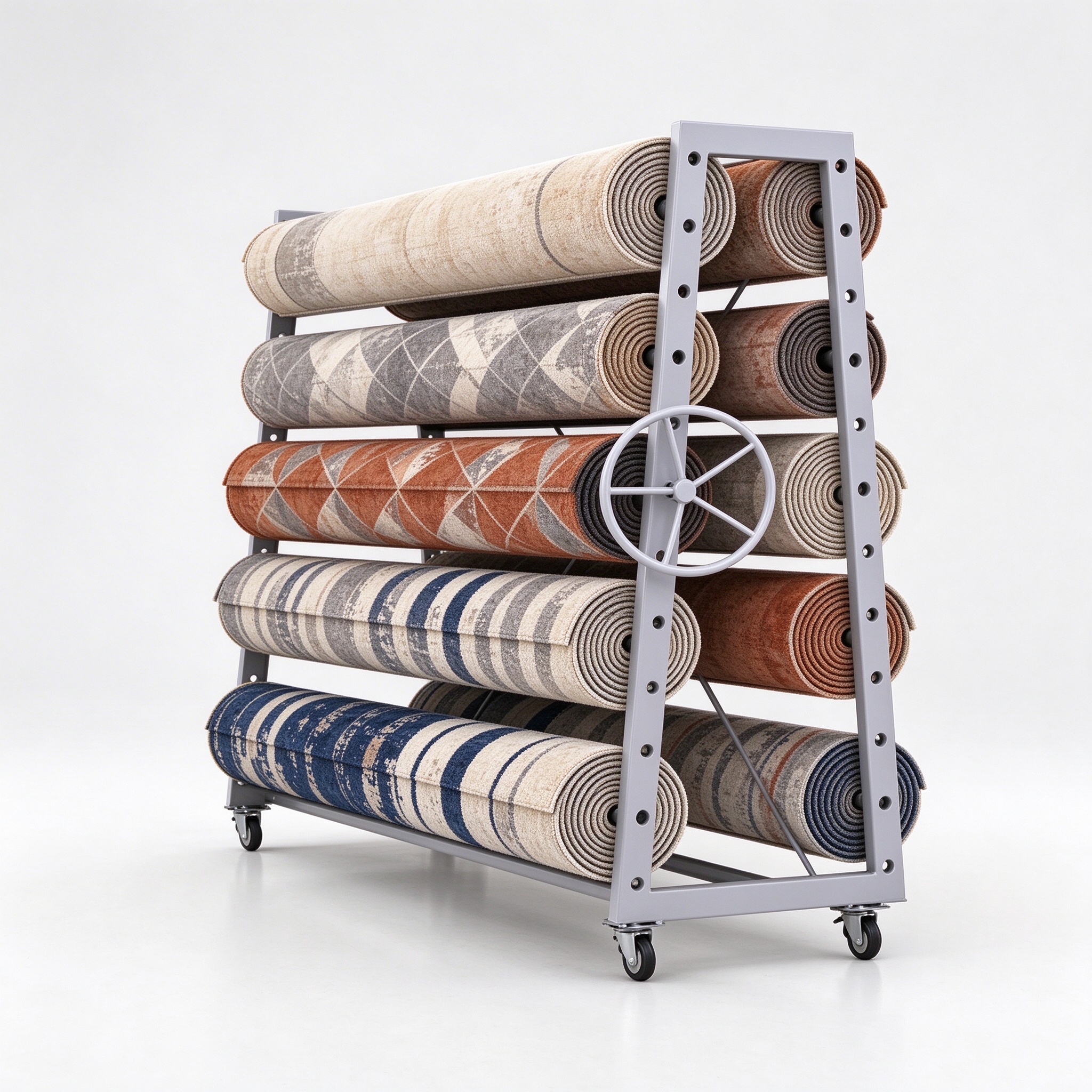 Mobile five-tier carpet roll rack with hand crank wheel, right 45 degree view