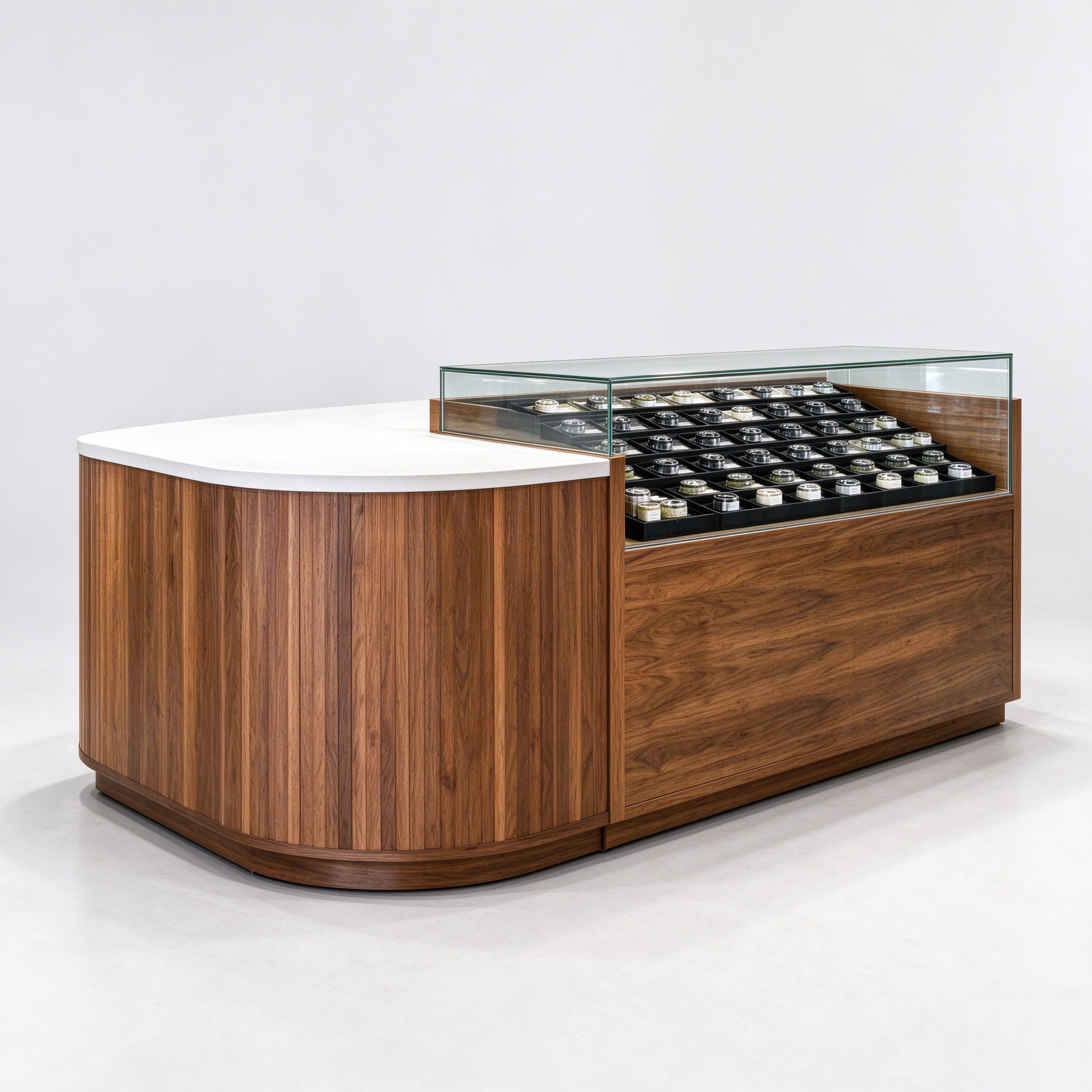 Curved white stone top cannabis counter with wood base left 45