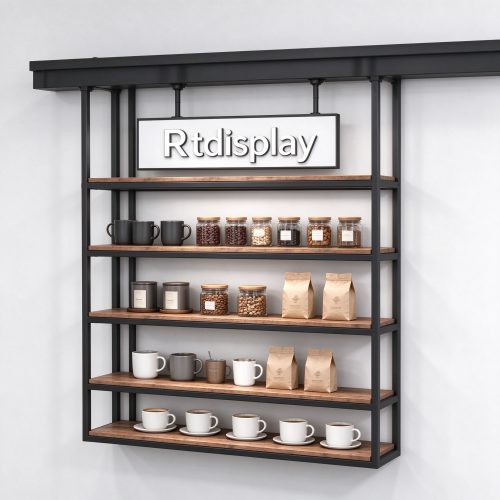 Hanging coffee bar display rack with black metal frame and wooden shelves, left 45 degree view