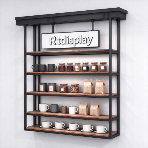 Hanging coffee bar display rack with black metal frame and wooden shelves, right 45 degree view