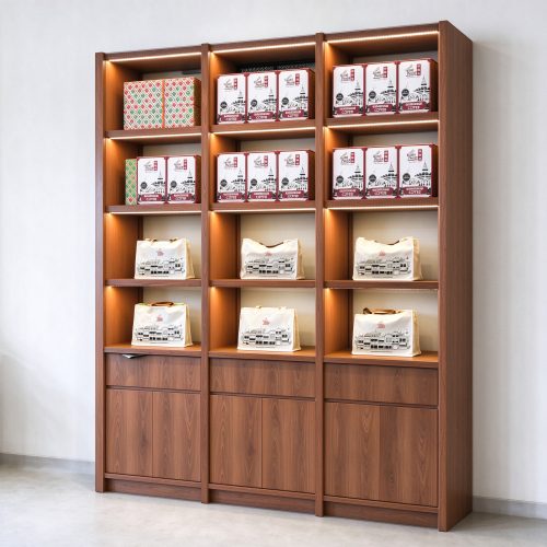 Wooden coffee shop display rack with bottom cabinet and LED-lit shelves, right 45 degree view
