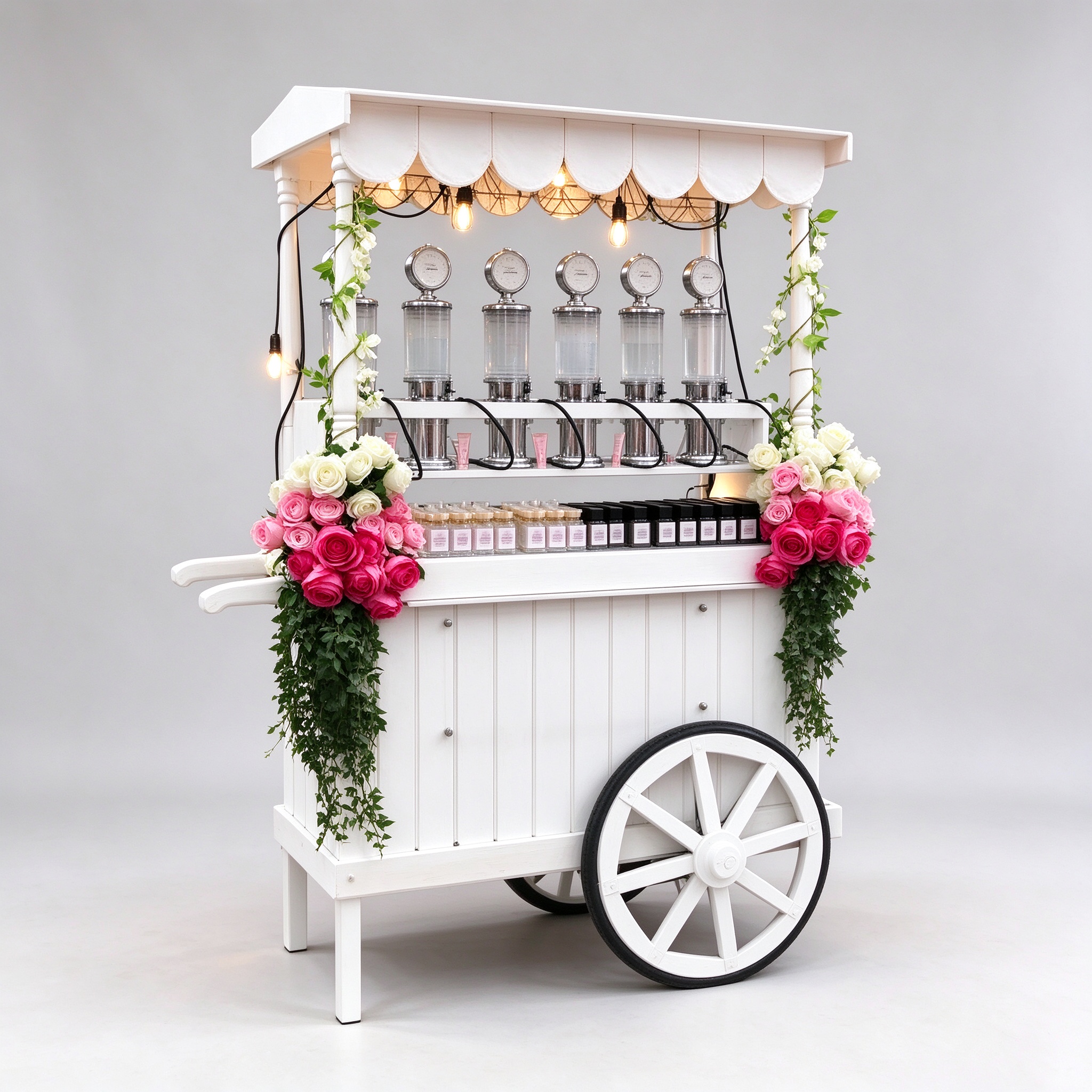White floral perfume cart