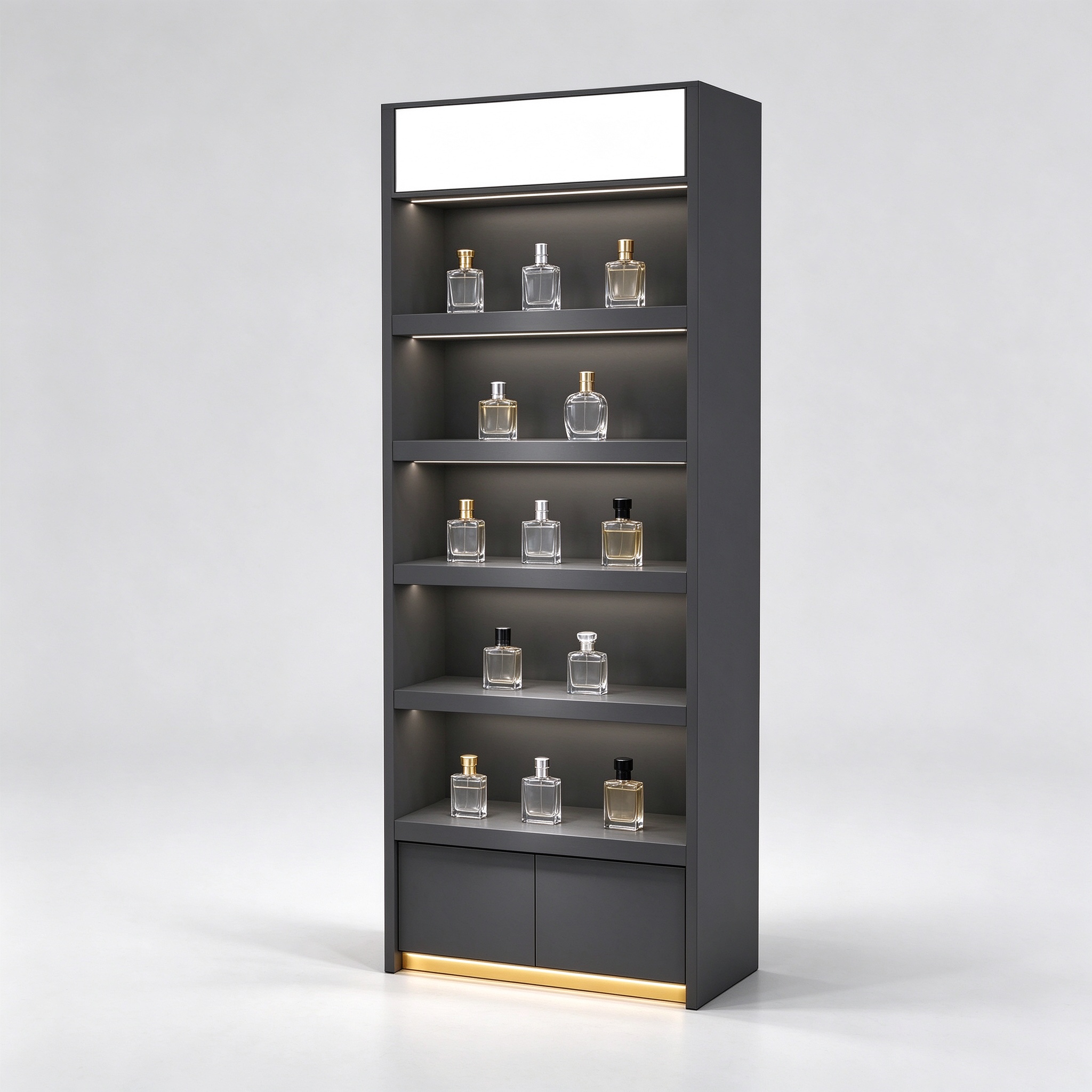 Dark gray single column perfume display stand right 45 degree angle view
