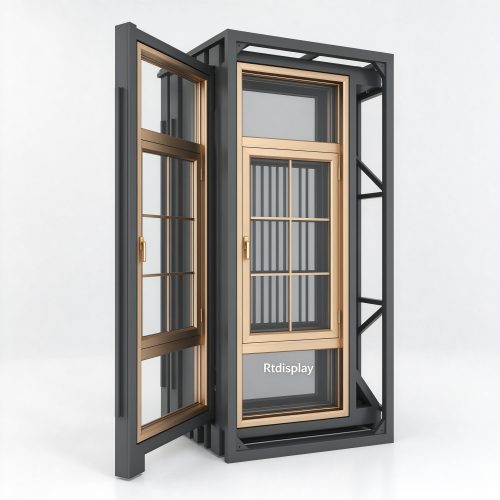 Pull-out door and window display rack with dark gray metal frame, left 45 degree view