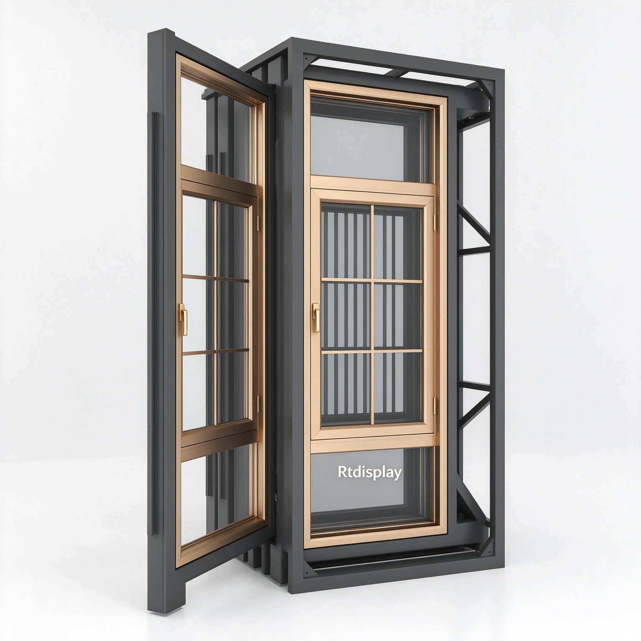 Pull-out door and window display rack with dark gray metal frame, left 45 degree view