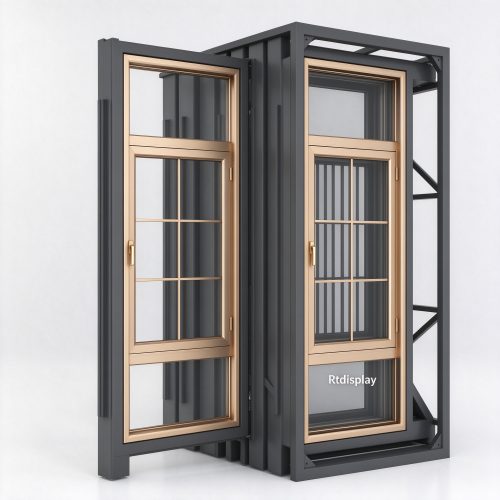 Pull-out door and window display rack with dark gray metal frame, right 45 degree view