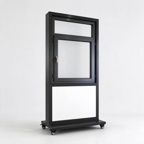 Rolling casement window display rack with black metal frame, left 45 degree view