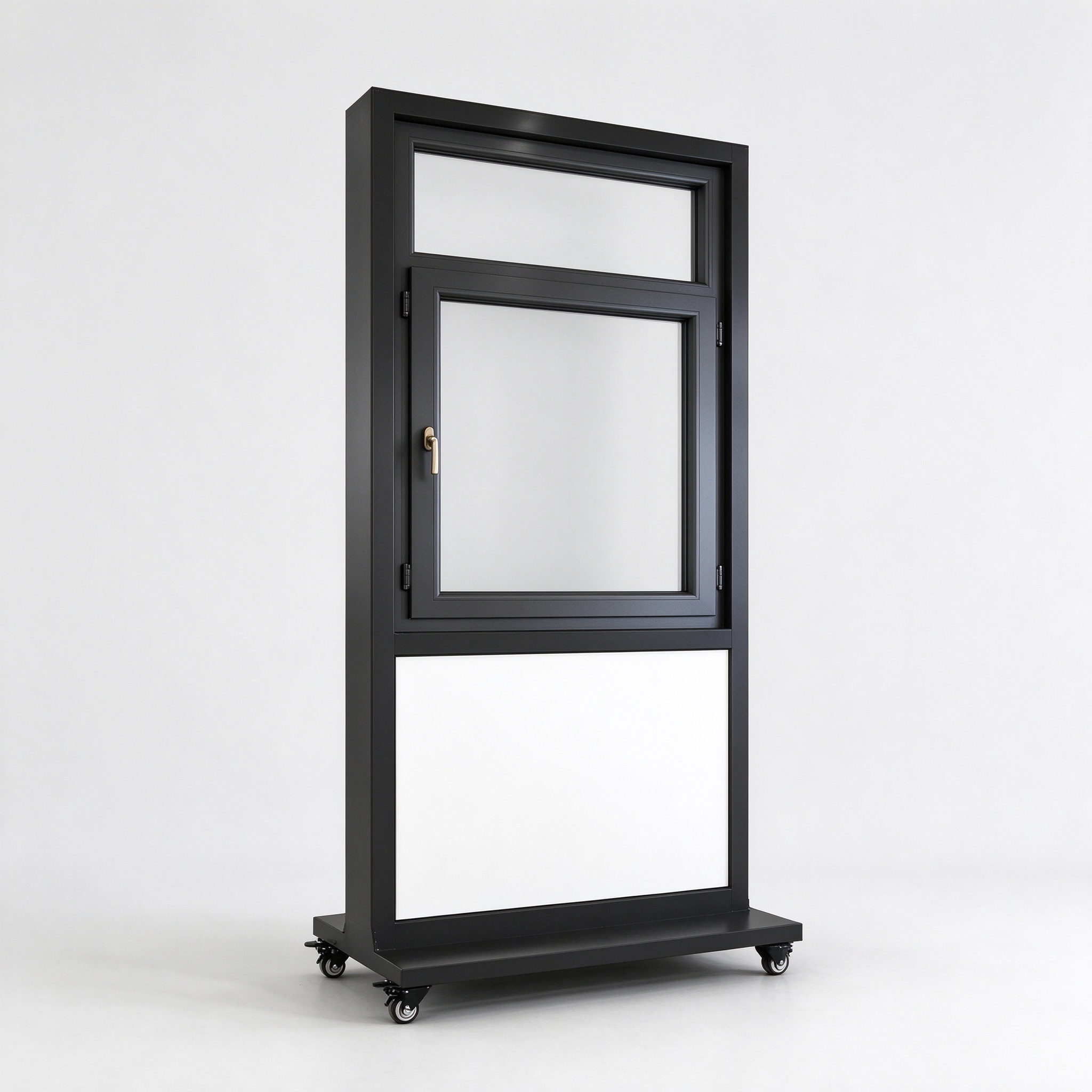 Rolling casement window display rack with black metal frame, left 45 degree view