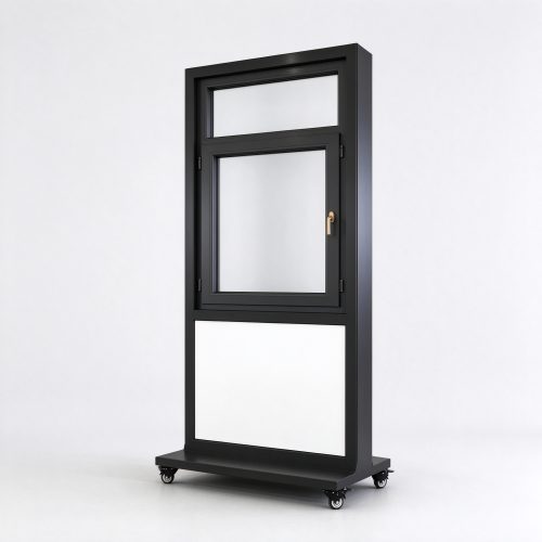 Rolling casement window display rack with black metal frame, right 45 degree view