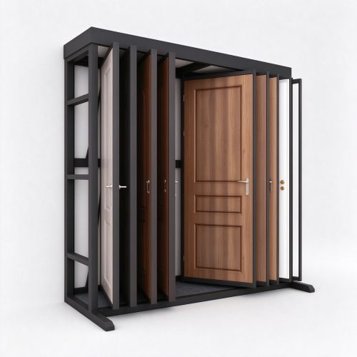 Flip-book wooden door display rack with black metal frame, left 45 degree view