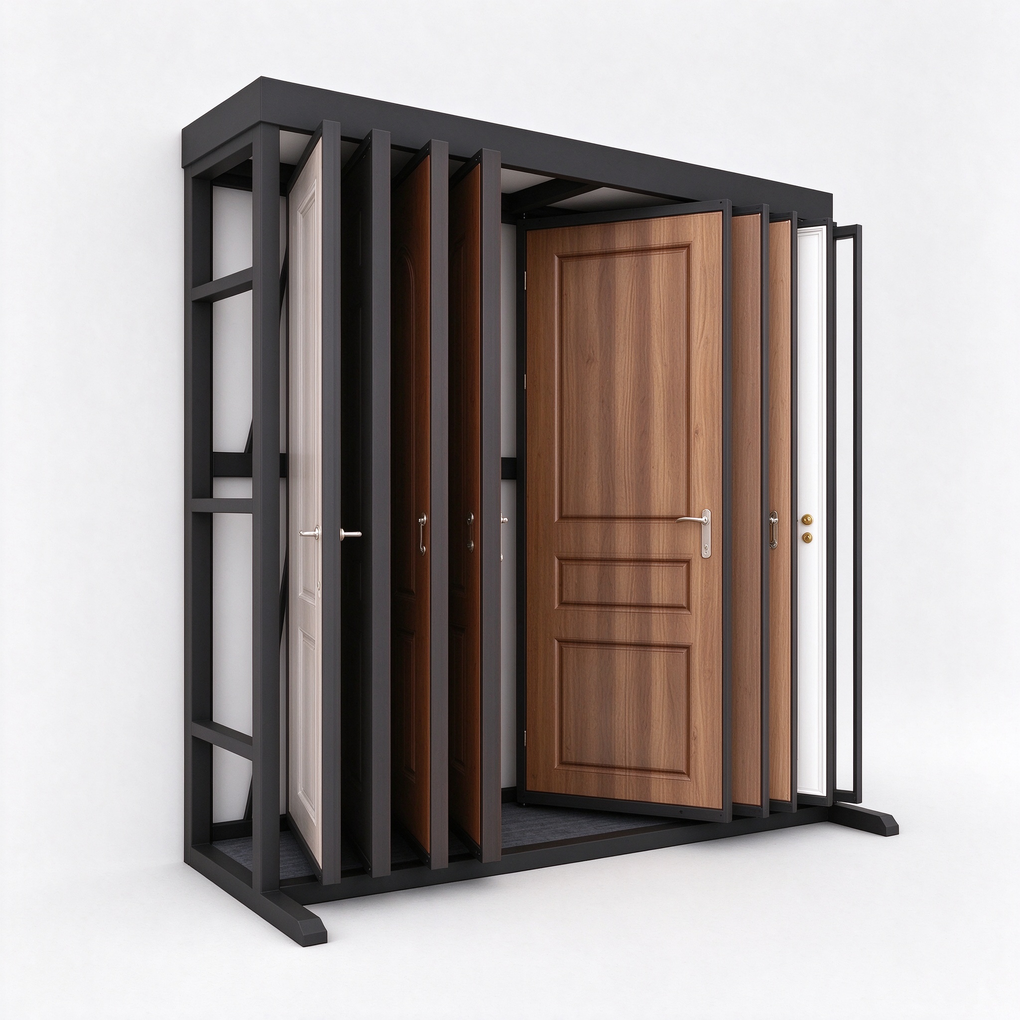 Flip-book wooden door display rack with black metal frame, left 45 degree view